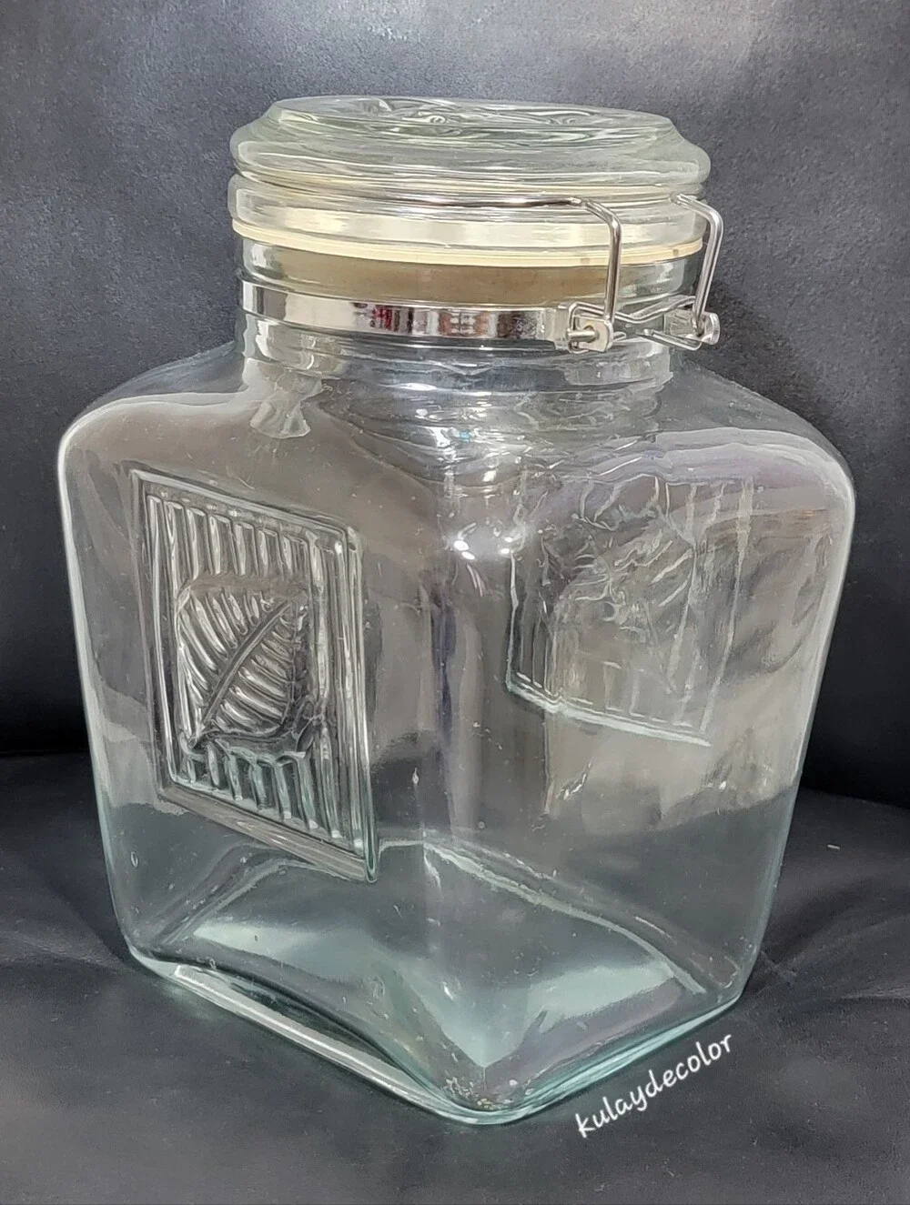 Vintage Large Glass Canister Embossed Leaf Hermetic Jar Hinged Bail Lid 8.75